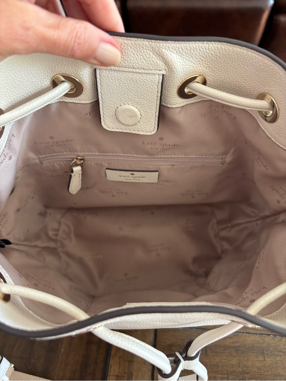 kate spade Cream Leather Drawstring Shoulder Bag with Gold Hardware - Picture 4 of 7